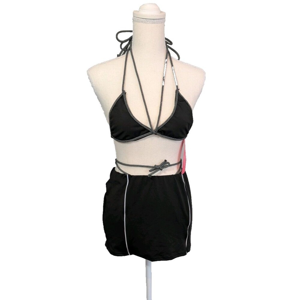 Shein Two Piece Bikini Top & coverup Skirt Size M Black